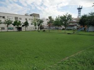寿北公園内にある緑色の広い芝生の写真