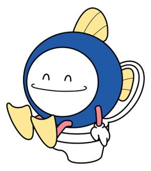 笑顔で便器に座っている、下水道キャラクター スイスイのイラスト