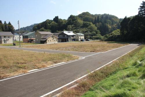 芝生が広がる土地の奥に住宅が並んでいる写真