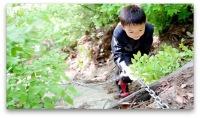 子供が鎖に掴まって急斜面を登っている処の写真