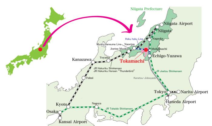 鉄道による、日本国内の主要な空港から十日町市への経路を示した地図