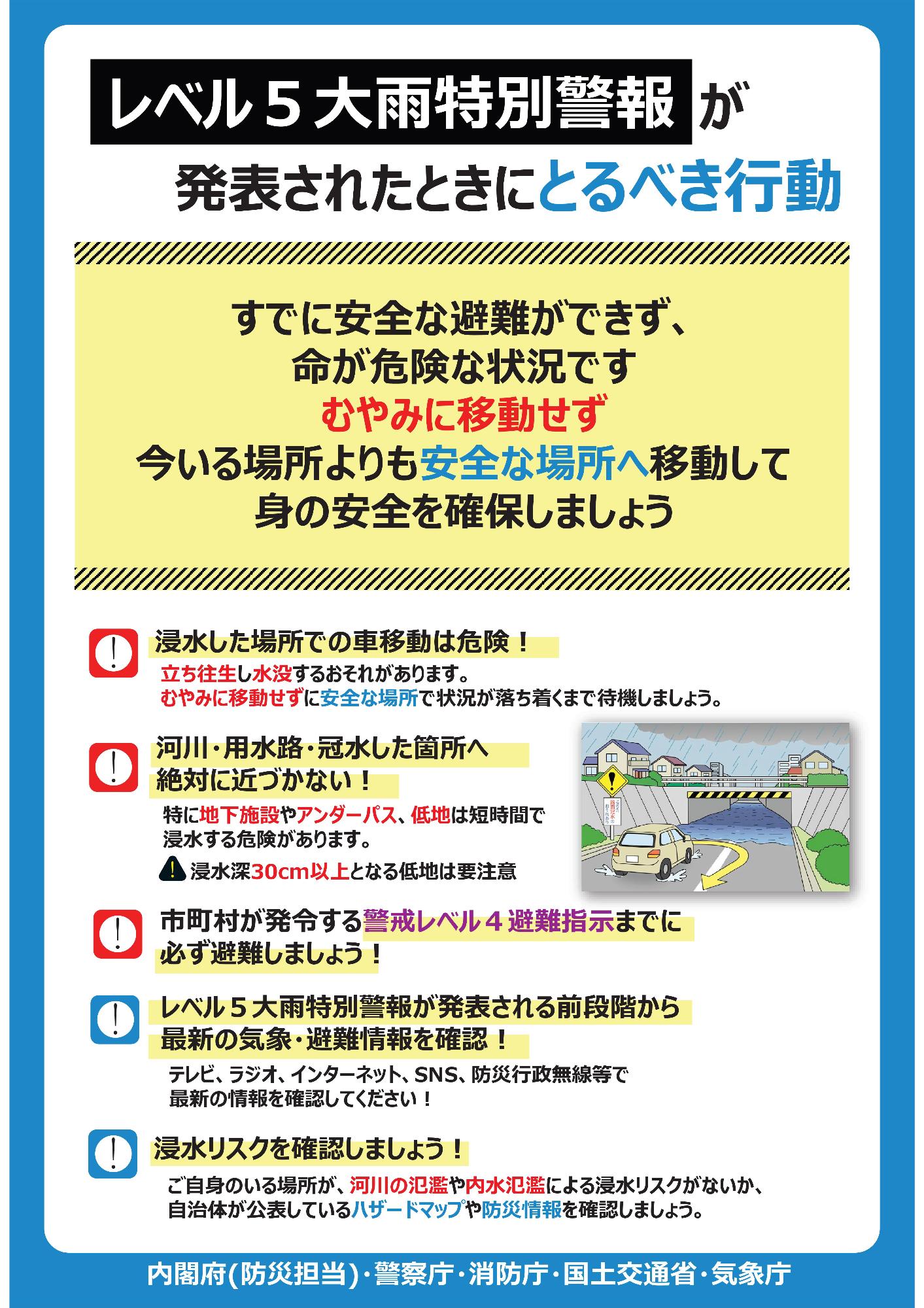 レベル5大雨特別警報が発表されたときにとるべき行動を掲載したチラシ
