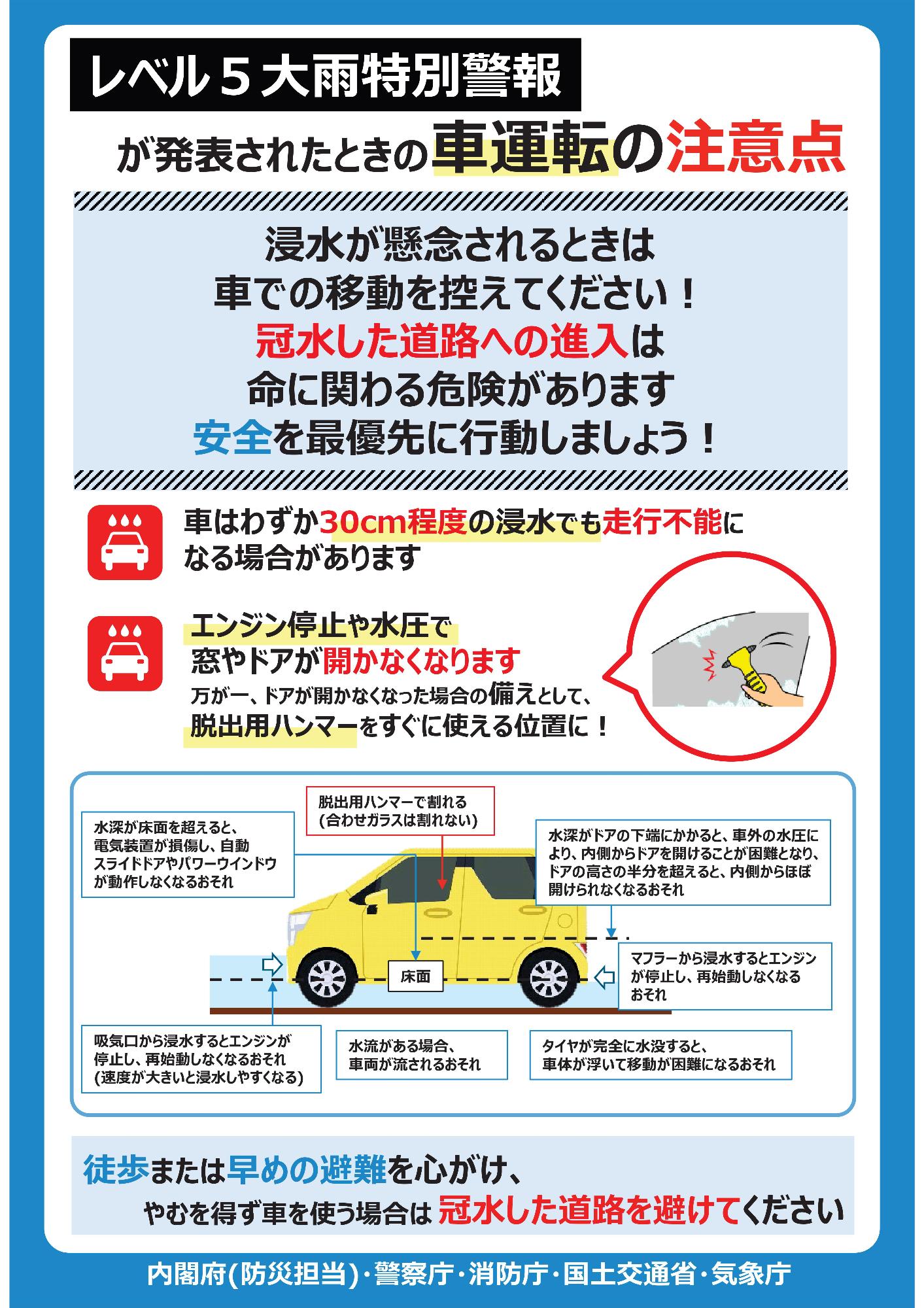 レベル5大雨特別警報が発表されたときの車運転の注意点を掲載したチラシ