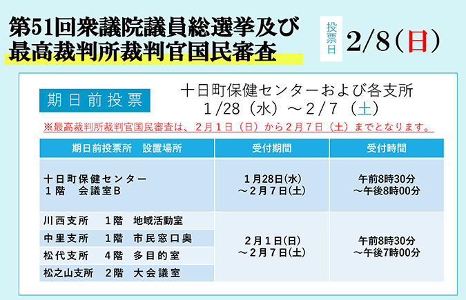 第51回衆議院議員総選挙及び最高裁判所裁判官国民審査の期日前投票のお知らせ