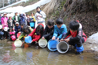 川に稚魚を放流している小学生