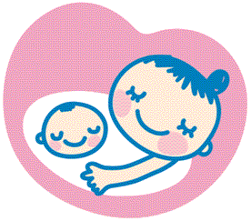 ハートのマークに、お母さんと赤ちゃんのイラストが描かれたマタニティマークのイラスト