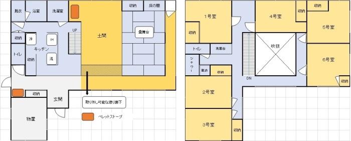 施設1階の間取図（左）と施設2階の間取図（右）