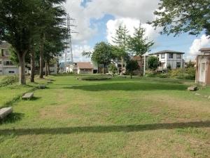 木々とベンチが端に並んでいる南新田西公園の広場の写真