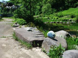 公園東側にて撮影された、池付近の写真。遊歩道の縁に敷かれた石の上に各々一つずつ、魚の絵のあしらわれた石が置かれているのが確認できる