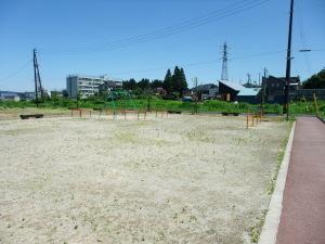 東側より撮影された、にしさん公園の景観の写真。公園の北側には田川が流れており、公園敷地外に土手が隣接しているのが確認できる