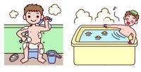 風呂場で体を洗っていたり、湯船につかっている様子が描かれた2つのイラスト