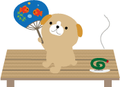 蚊取り線香の傍らでうちわを持って座っている犬のキャラクターのイラスト