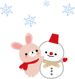 雪が降っているなか、うさぎのキャラクターが雪だるまを作っているイラスト