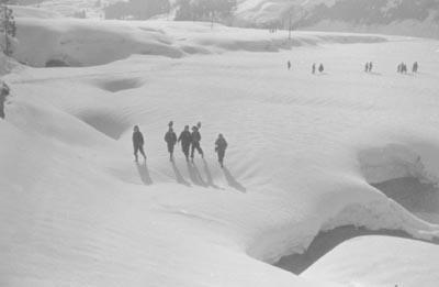 雪国での遊び「しみ渡り」という硬い雪の上を歩いて行く昔の写真