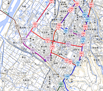 デジタル公共交通マップにバス停と路線が示された画像