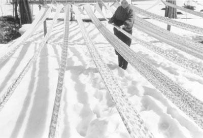 年配の女性が雪さらしした布の表と裏をひっくり返して日光のあたる場所を変えている作業の写真