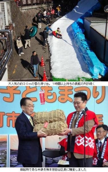 子供が雪の滑り台を滑っている。関口市長が熊本世田谷区長に米俵を手渡している。