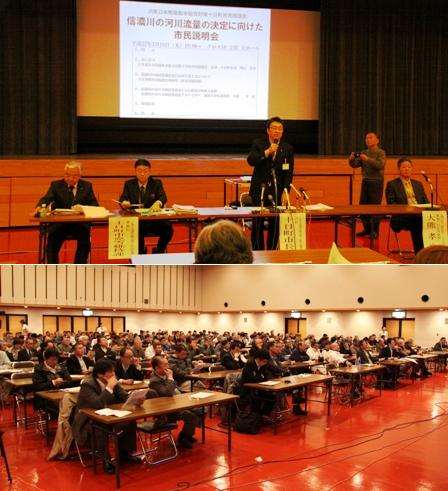 会場前方で関口市長が発言している。会場内に大勢の大人たちが参集している。