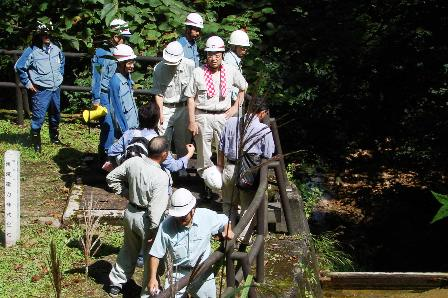 関口市長と関係者たちが、清津川の現状を確認するため、現地調査をしている。