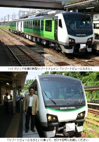 白と黄緑色の車両が線路上に停まっている。関口市長が「リゾートビューふるさと」の横に立って記念撮影している。