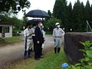 雨天の中であじさい公園を視察する市長の写真