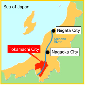 十日町市が新潟県の中でどこに位置しているかを示した地図