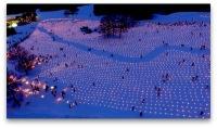 夜の雪原に、人々の手によって無数の並べらえたキャンドルの写真