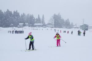 体育の時間、校庭でスキーを習う子供たちの写真