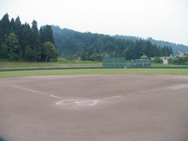 緑の木々に囲まれた笹山野球場の全景写真