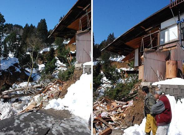 雪の残る中、マグニチュード6.7の地震が起き、民家の横の斜面が崩れてしまったところの写真