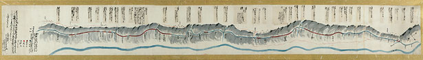 「桔梗ヶ原新田用水路古絵図」/2年間で9キロもの用水路を掘り上げ、原だった桔梗ヶ原を水田へと変えた。